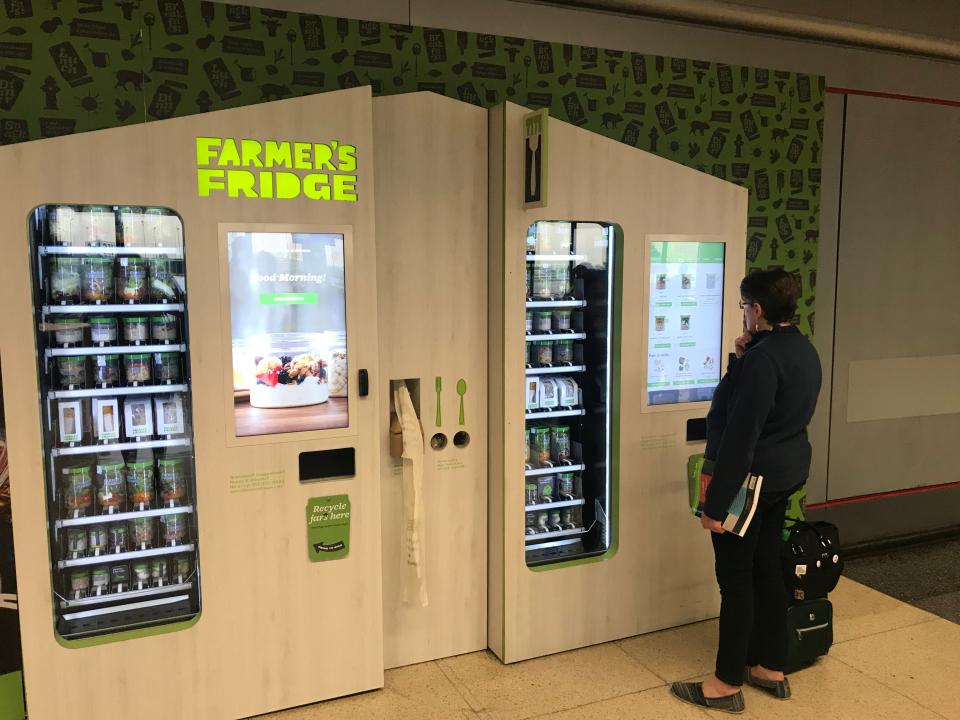 Farmer's Fridge sells salads in a jar and other healthy fare from vending machines at O'Hare Internatioanl Airport and Indianapolis International Airport.