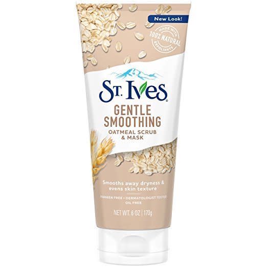 This two-in-one product by St. Ives uses walnut shell powder to exfoliate skin when used as a scrub, as well as oatmeal and honey, which&nbsp;provide soothing benefits when used as a mask. Plus, it's gentle enough for sensitive skin.&nbsp;<br /><strong><a href="https://www.amazon.com/St-Ives-Gentle-Smoothing-Oatmeal/dp/B00GTC1H5U?th=1" target="_blank"><br />St. Ives Gentle Smoothing oatmeal scrub &amp; mask</a>, $3.49</strong>