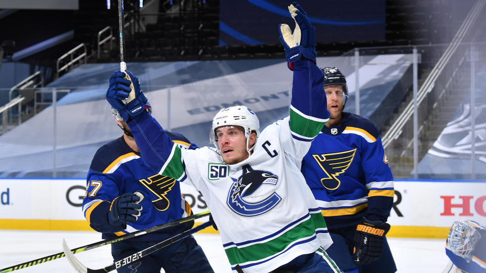 Vancouver Canucks captain Bo Horvat was the hero in Game 2 against the St. Louis Blues. (Photo by Andy Devlin/NHLI via Getty Images)