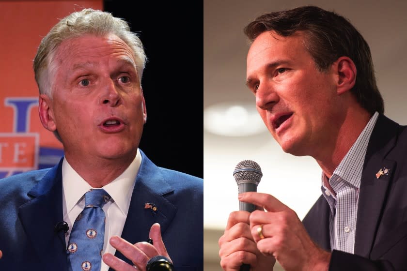 (L) Democratic candidate for Governor of Virginia former Gov., Terry McAuliffe gstures during a debate at Virginia State University in Petersburg, Va., Tuesday, April 6, 2021. (R) Glenn Youngkin makes his closing remarks during a GOP gubernatorial candidate forum hosted by the College Republicans in Lynchburg, Va. Late Monday, May 10, 2021,