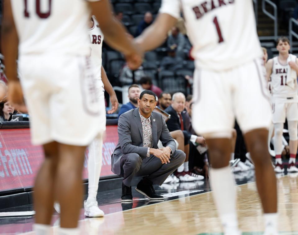 Missouri State head coach Dana Ford during a Missouri Valley Conference Tournament game against UIC, Thursday, March 2, 2023, at Enterprise Center in St. Louis. 