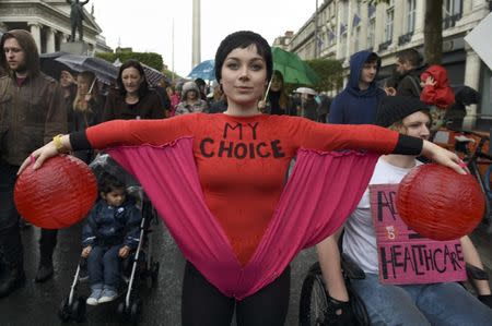 Demonstrators take part in a protest to urge the Irish Government to repeal the 8th amendment to the constitution, which enforces strict limitations to a woman's right to an abortion, in Dublin, Ireland September 24, 2016. REUTERS/Clodagh Kilcoyne