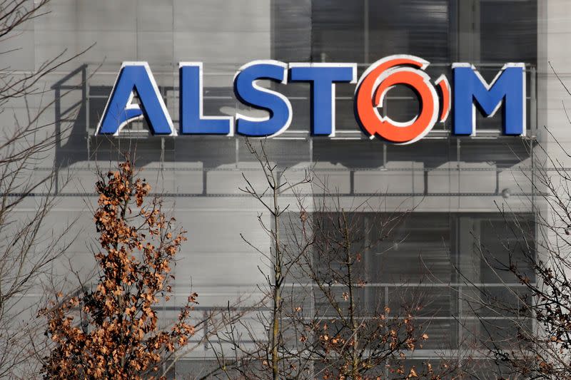 A logo of Alstom is seen at the Alstom's plant in Semeac near Tarbes