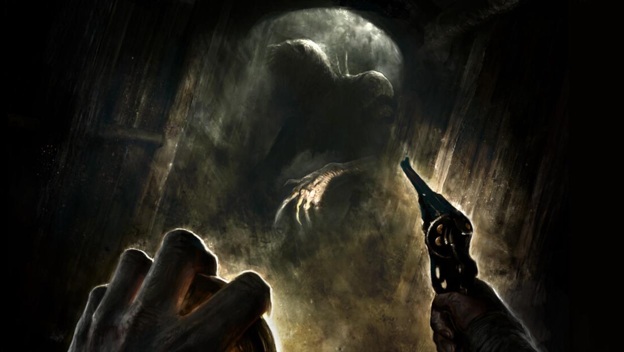  Amnesia promo image aiming revolver at The Beast. 