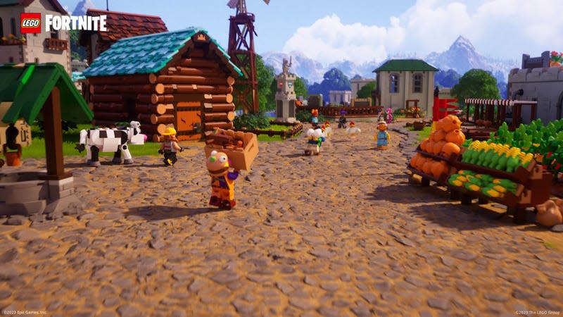 A screenshot shows Lego characters inside the new Fortnite game. 