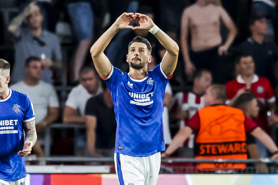 EINDHOVEN, NETHERLANDS - AUGUST 24: Antonio Colak of FC Rangers Celebrates after scoring his teams 0:1 goal during the UEFA Champions League Play-Off Second Leg match between PSV and Glasgow Rangers at Phillips Stadium on August 24, 2022 in Eindhoven, Netherlands. (Photo by Raymond Smit/NESImages/DeFodi Images via Getty Images)