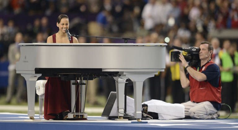 Alicia Keyes performs the US national anthem before the start of Super Bowl XLVII between the San Francisco 49ers and the Baltimore Ravens on February 3, 2013 in New Orleans, Louisiana