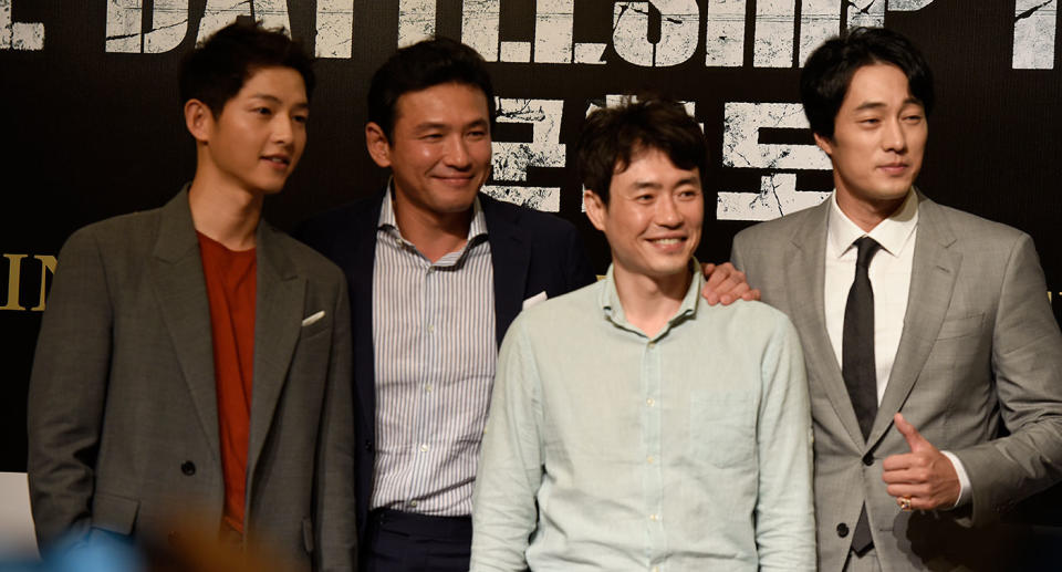 Song Joong-ki (left), Hwang Jung-min, Ryoo Seung-wan and So Ji-Sub at a press conference in Singapore. (Photo: Yahoo Lifestyle Singapore/Elizabeth Tong).