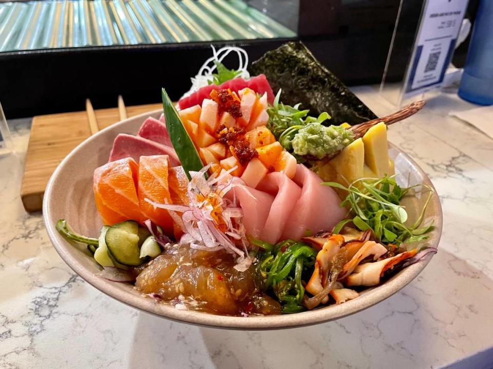 Sushi Q’s chirashi is a delicious bowl of chef-chosen fish that included escolar and salmon belly on a recent visit.