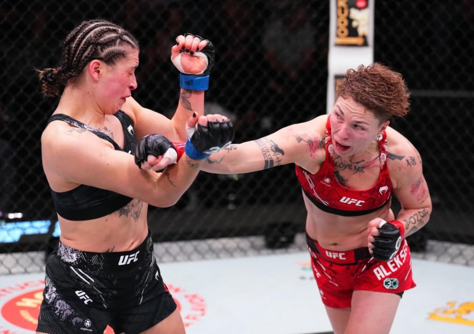 LAS VEGAS, NEVADA – OCTOBER 14: (R-L) Irina Alekseeva of Kazakstan punches Melissa Dixon of <a class="link " href="https://sports.yahoo.com/soccer/teams/england-women/" data-i13n="sec:content-canvas;subsec:anchor_text;elm:context_link" data-ylk="slk:England;sec:content-canvas;subsec:anchor_text;elm:context_link;itc:0">England</a> in a bantamweight fight during the UFC Fight Night event at UFC APEX on October 14, 2023 in Las Vegas, Nevada. (Photo by Chris Unger/Zuffa LLC via Getty Images)