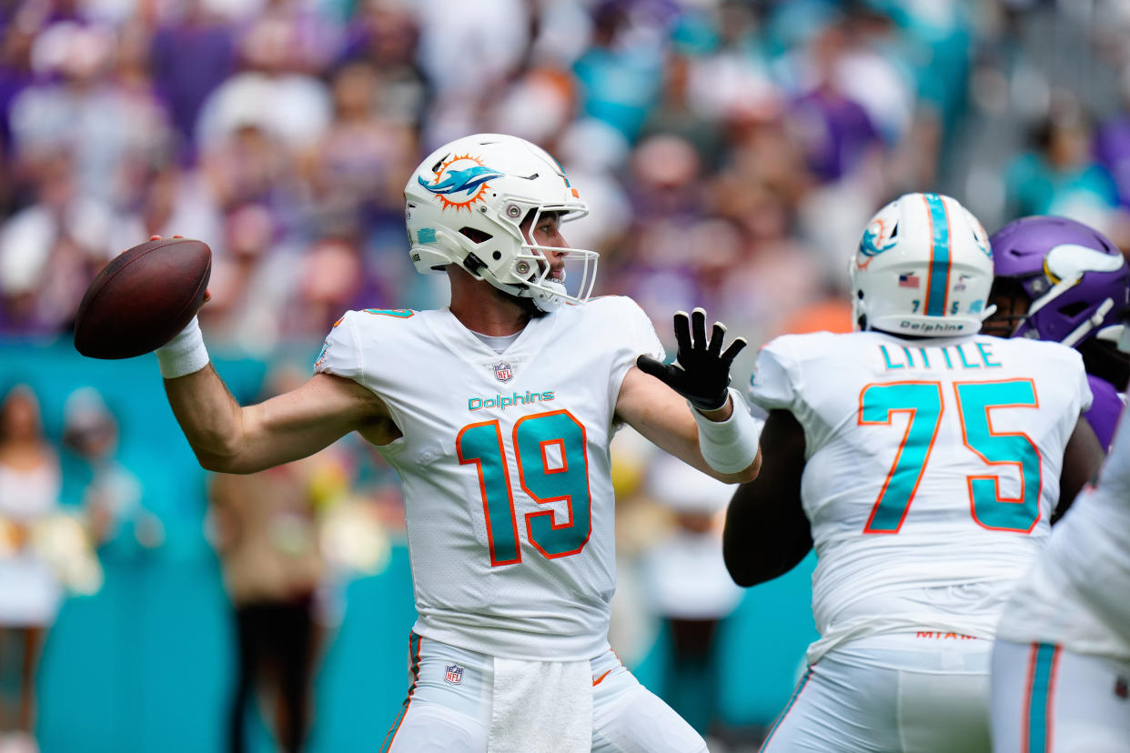 Oct 16, 2022; Miami Gardens, Florida, USA; Miami Dolphins quarterback Skylar Thompson (19) throws a pass against the Minnesota Vikings during the first quarter at Hard Rock Stadium. Mandatory Credit: Rich Storry-USA TODAY Sports
