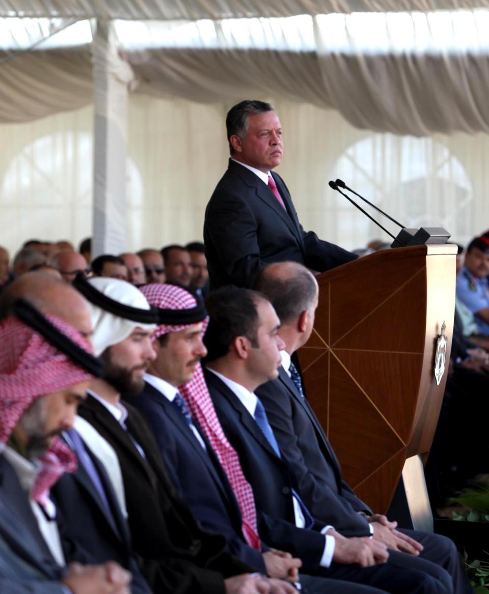 In this photo released by the Jordanian Royal Palace, Jordan's King Abdullah II gives a speech in Amman, Jordan, Tuesday, Oct. 23, 2012. The foiling of a planned Islamist terror plot underscores a new subplot in the story of the Arab Spring: Things are heating up for Jordan's King Abdullah II, a Western-oriented monarch who has run a business-friendly, pragmatic monarchy with some trappings of democracy. (AP Photo/Jordanian Royal Palace, Yousef Allan)