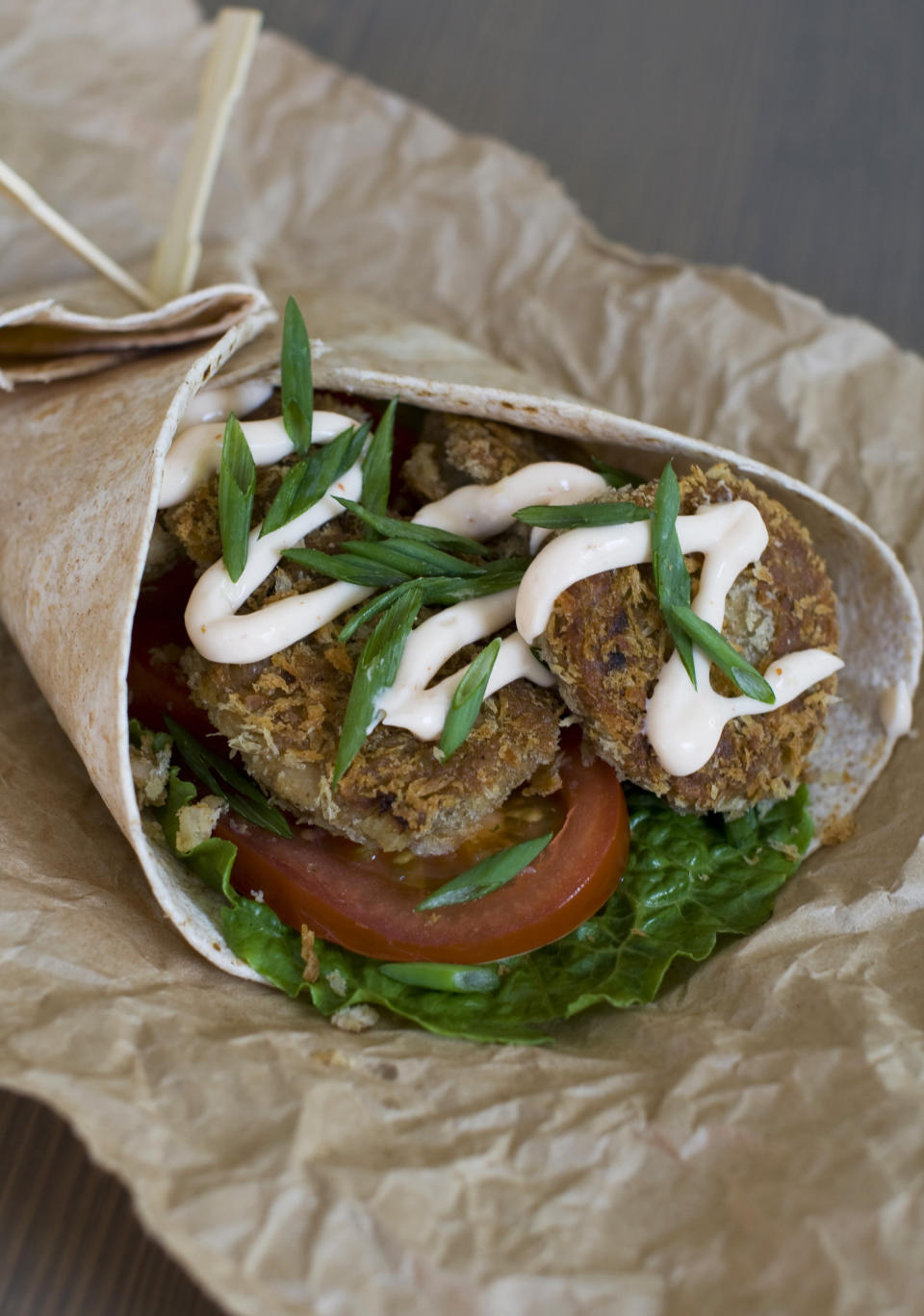 In this image taken on Nov. 26, 2012, a black eyed pea falafel with spicy aioli sauce is shown in Concord, N.H. (AP Photo/Matthew Mead)