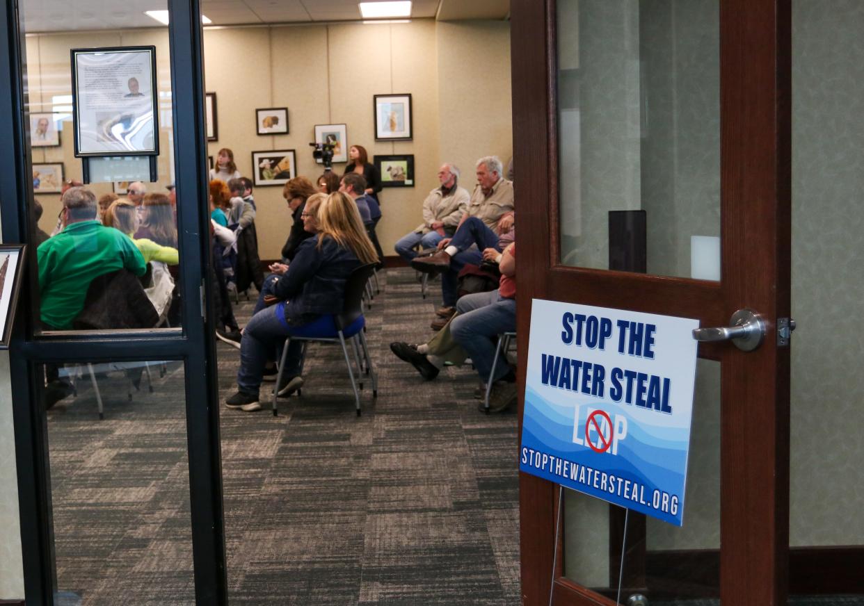 Residents meet at the West Lafayette Library to hear from Matt Gentry, the City of Lebanon’s Mayor at the Stop the Water Steal grassroots group's meeting, on Tuesday, March 21, 2024, in West Lafayette, Ind.