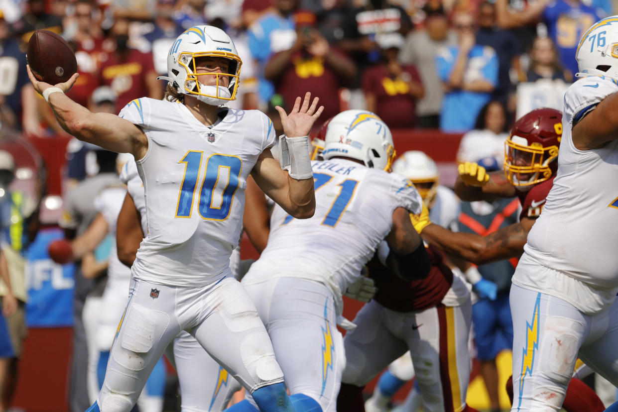 Los Angeles Chargers quarterback Justin Herbert threw for 337 yards in a 20-16 win over the Washington Football Team. (Geoff Burke/USA TODAY Sports)