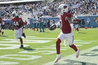 Arizona Cardinals cornerback Byron Murphy (7) celebrates his touchdown against the Jacksonville Jaguars on an intercepted pass during the second half of an NFL football game, Sunday, Sept. 26, 2021, in Jacksonville, Fla. (AP Photo/Phelan M. Ebenhack)