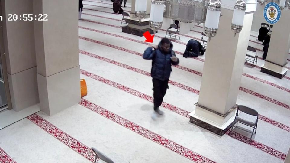 CCTV footage of Mohammed Abbkr leaving the West Ealing Islamic Centre, London, after a prayer service and before his attack on 82-year-old Hashi Odowa (PA)