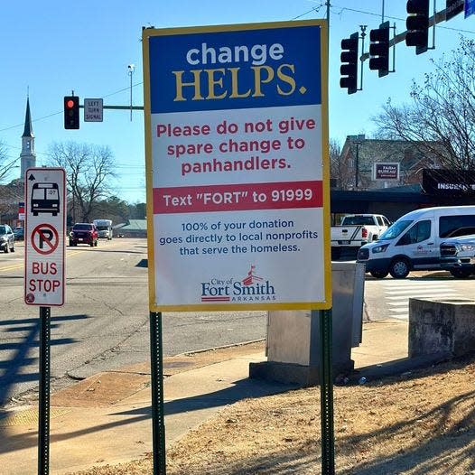 A sign discouraging panhandling while encouraging donations to local nonprofit homeless shelters went up Monday, Jan. 29, at the intersection of Greenwood and Rogers avenues in Fort Smith. There will be 24 signs placed as part of the city's “Change Helps” campaign.