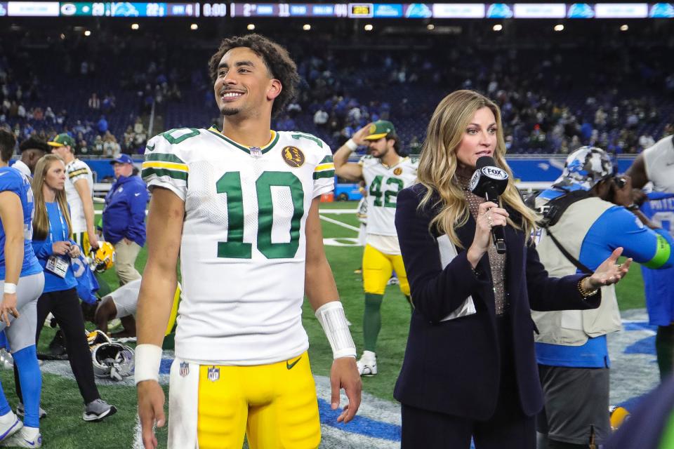 Green Bay Packers quarterback Jordan Love smiles during a postgame interview with Fox Sports' Erin Andrews after the 29-22 win over the Detroit Lions on Nov. 23 at Ford Field. Love was not awarded a customary turkey leg, something fans and his teammates are still not over.