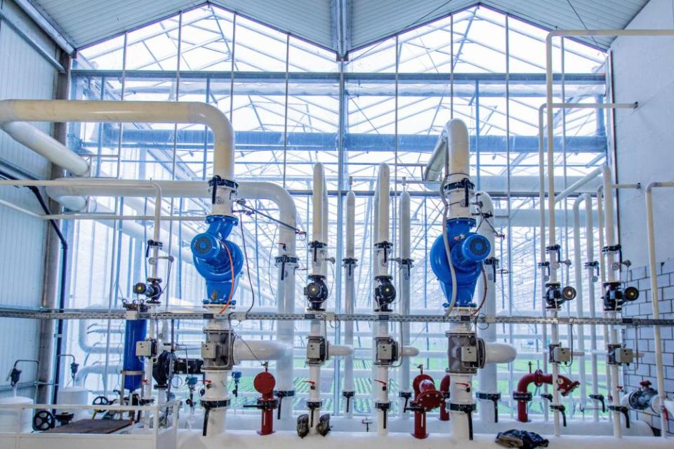 Gauges, valves and pipes for water, heating and CO2 at the Gebr Meier greenhouse in Hinwil outside Zurich. The heating and the CO2 is sourced from the local waste incinerator, where the CO2 is collected by the Swiss company Climeworks.