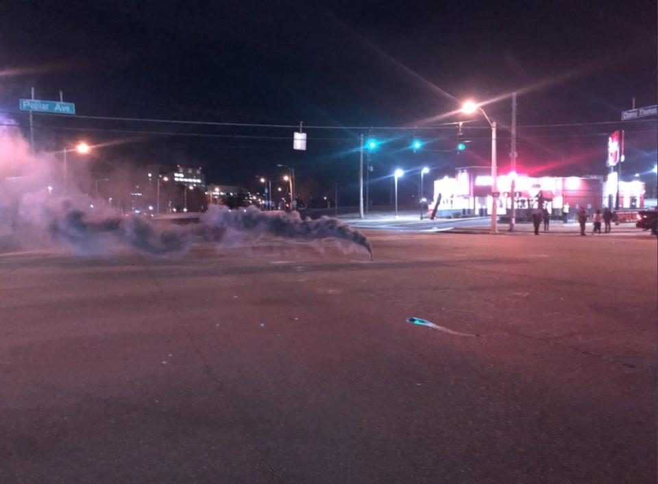 Protestors dispersed from the intersection of Poplar Avenue and Danny Thomas Boulevard around 10:40 p.m. on Feb. 4, 2023, after blocking the area for more than nine hours. The protestors, one of whom set off a smoke canister, were demanding Memphis Police make changes after the death of Tyre Nichols.