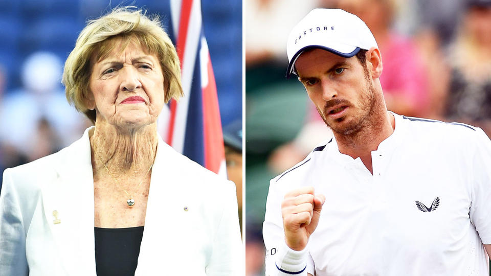 Andy Murray (pictured right) fist-pumping and Margaret Court (pictured left) during a ceremony.