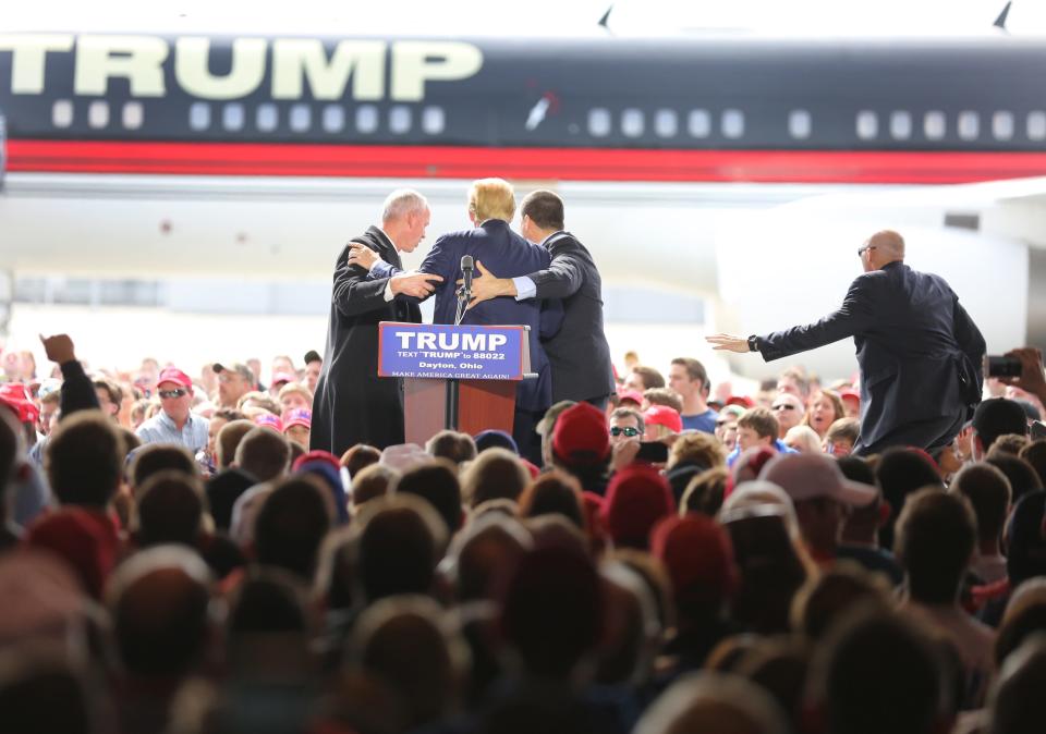 A scare for secret service and Donald Trump, Republican presidential candidate, as someone jumped a barrier and tried to rush the stage. The person was tackled and taken into a cop car, according to Nathan Speelman Dayton K-9 police officer. Trump was holding a rally at the Dayton International Airport.