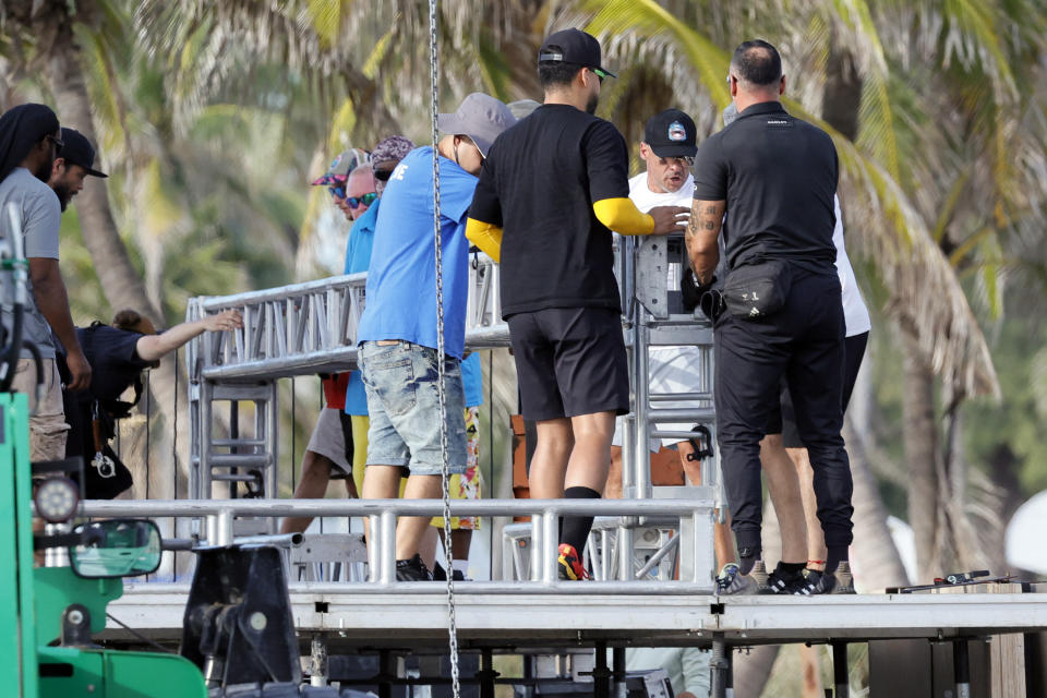 Workers set up a temporary stage in preparation for the Florida Panthers Stanley Cup Celebration on Fort Lauderdale Beach on Friday, June 28, 2024. (Amy Beth Bennett /South Florida Sun-Sentinel via AP)