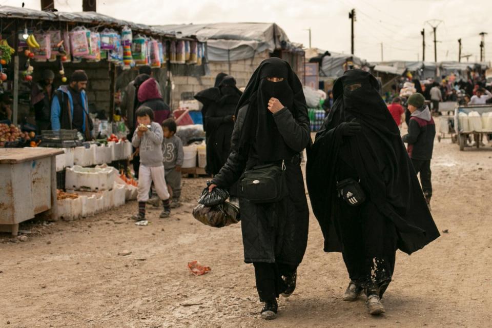 Two women are pictured in the Al Hol refugee camp in Syria (AP)