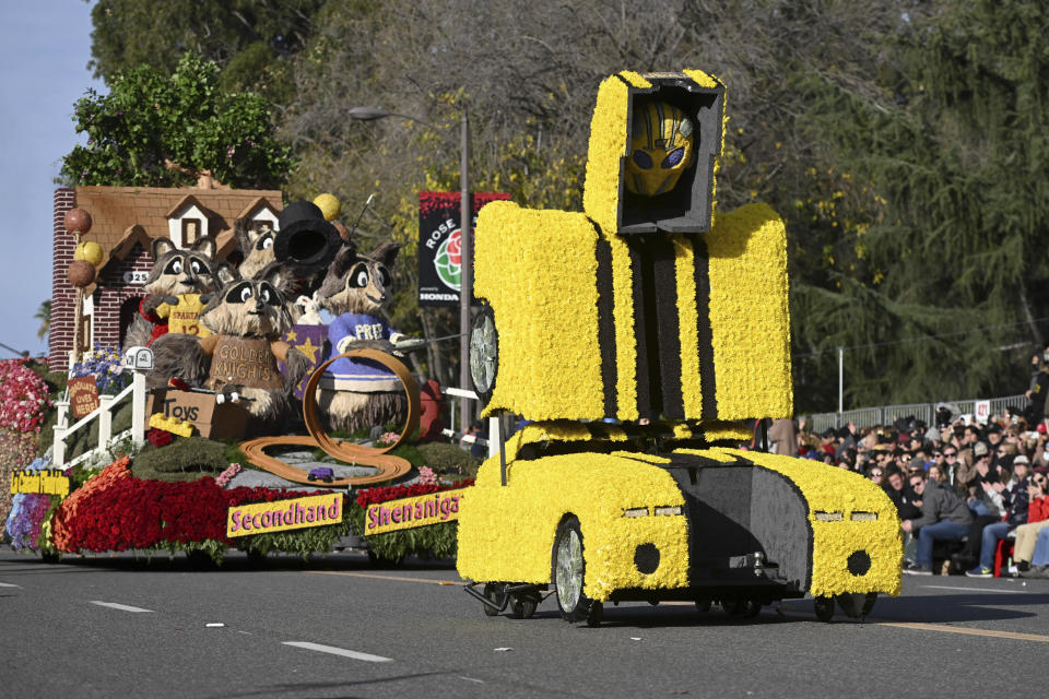 The La Canada Flintridge floats wins the Mayor Award for most outstanding float from a participating city at the 134th Rose Parade in Pasadena, Calif., Monday, Jan. 2, 2023. (AP Photo/Michael Owen Baker)