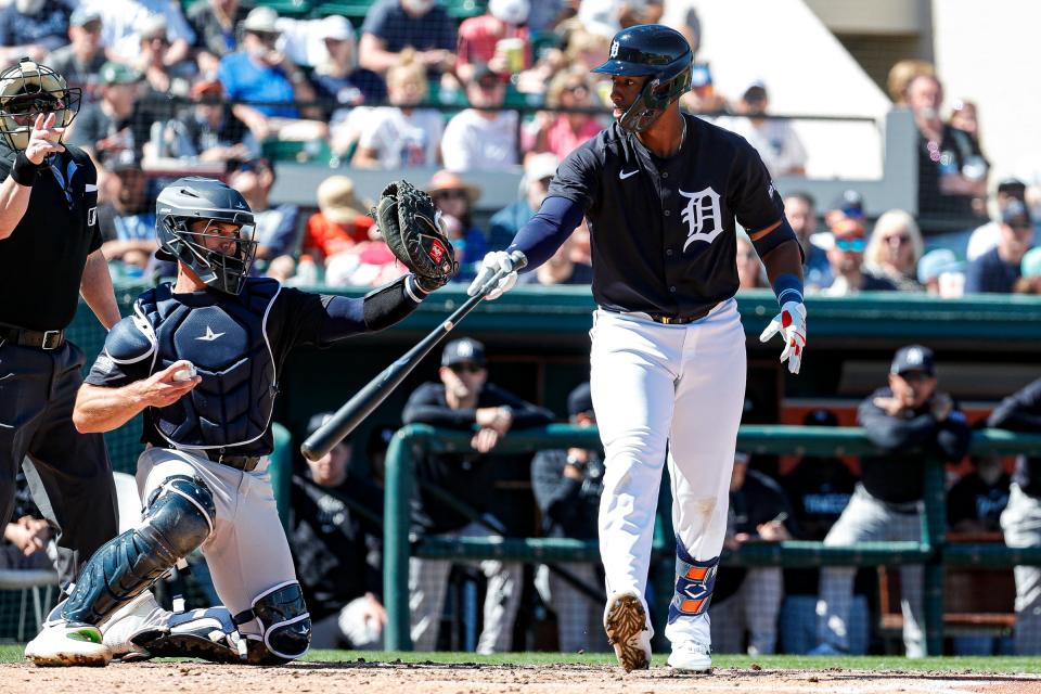 Tigers left fielder Justyn-Henry Malloy bats against the Yankees during the first inning of the Grapefruit League season opener at Joker Marchant Stadium in Lakeland, Florida, on Saturday, Feb. 24, 2024.