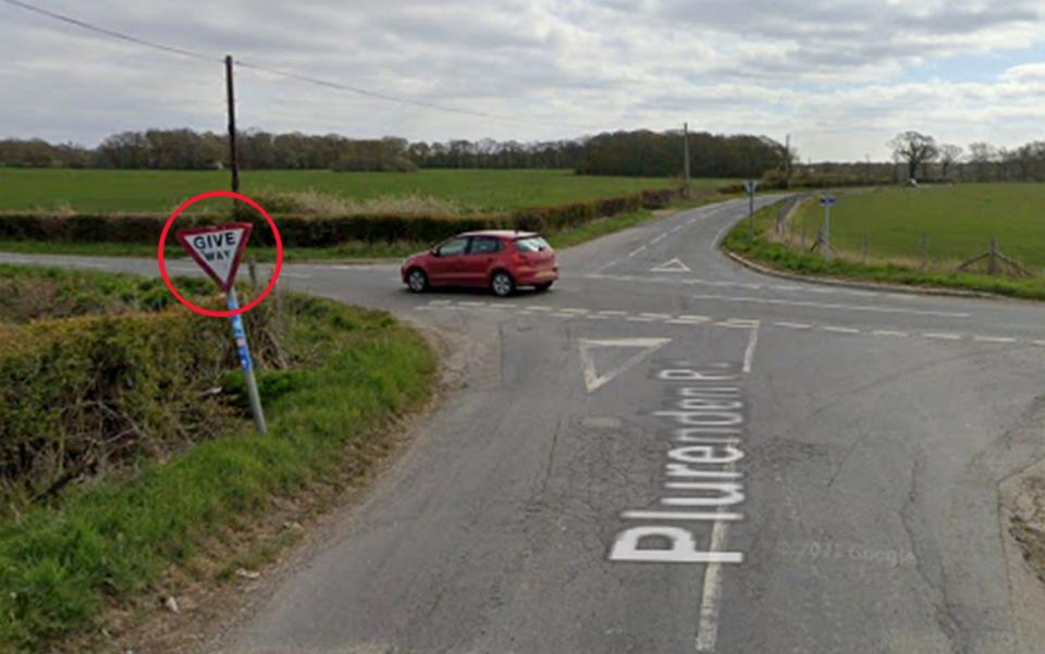 The scene of the crash which left a pregnant teenager and her boyfriend dead,with give way sign circled