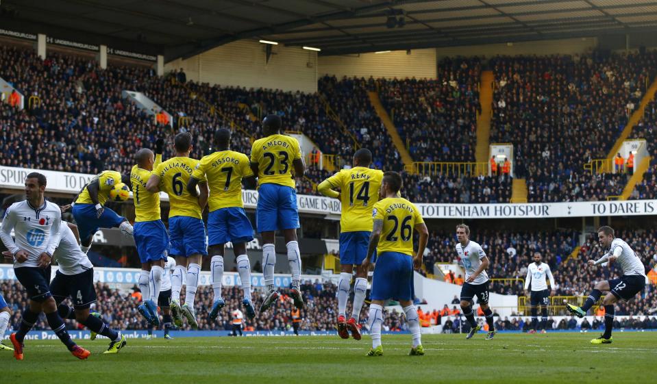 Tottenham Hotspur's Gylfi Sigurdsson (R) hits a free kick into the Newcastle United wall during their English Premier League soccer match at White Hart Lane in London November 10, 2013.