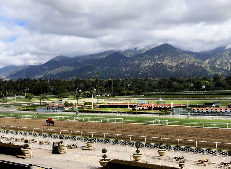 FILE - Horses and riders are on the track at Santa Anita Park in Arcadia, Calif., March 28, 2019.