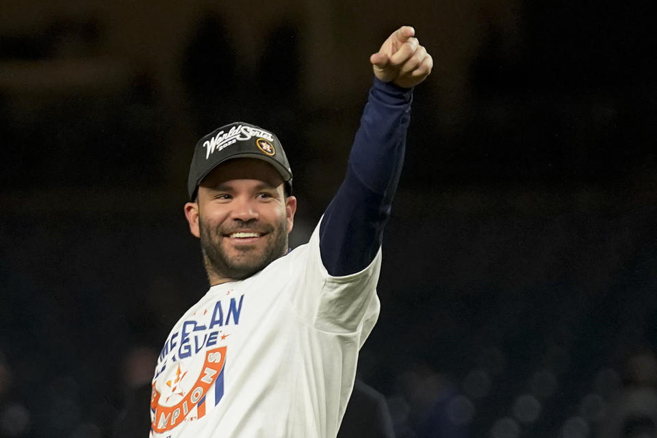 Houston Astros second baseman Jose Altuve (27) celebrates after the Astros defeated the New York Yankees 6-5 in Game 4 of an American League Championship baseball series, Monday, Oct. 24, 2022, in New York. (AP Photo/Seth Wenig)