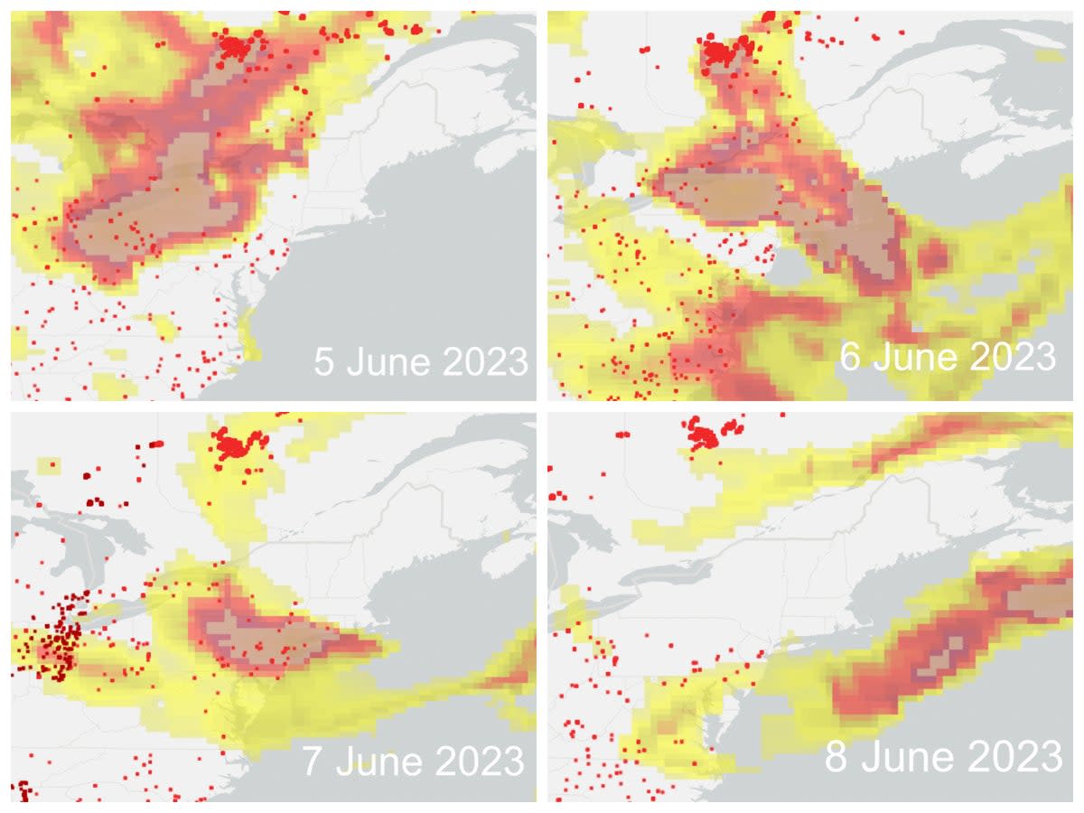 Graphics show how wildfire smoke from Canada moved over the US Northeast (NASA FIRMS)