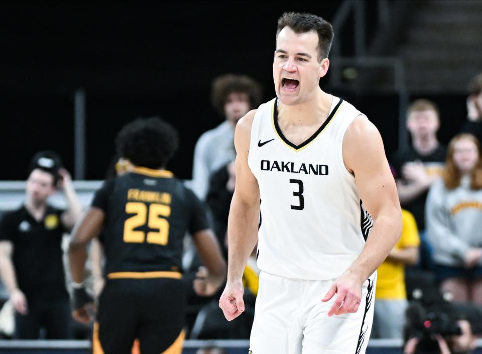 Oakland guard Jack Gohlke (3) celebrates after a play against Wisconsin-Milwaukee Panthers during a game at Indiana Farmers Coliseum. Gohlke has attempted 327 3-pointers this season, the second-highest total among Division I players.