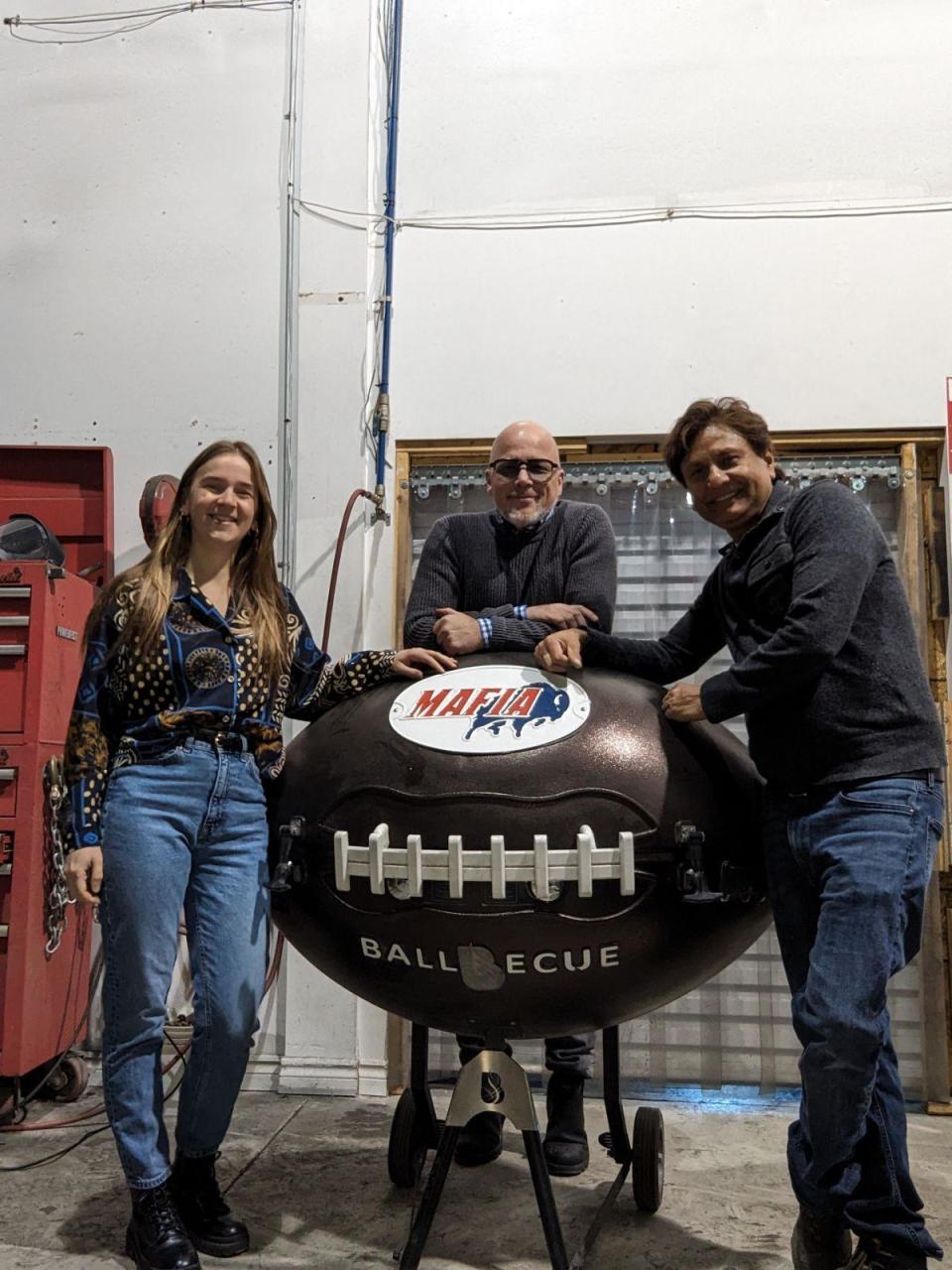 Abygael Genest, Stéphan Genest and Ramesh Sunar pictured with the ballbecue. The three will be showcasing the design at the Super Bowl party in Vegas this week.  