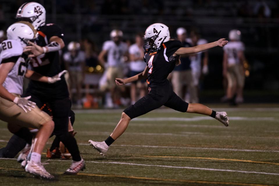 Pennsbury senior Elizabeth Burnell kicks the ball for a field goal at Harry S. Truman High School in Levittown on Friday, Sept. 9, 2022. The Falcons defeated the Golden Hawks 41-6.