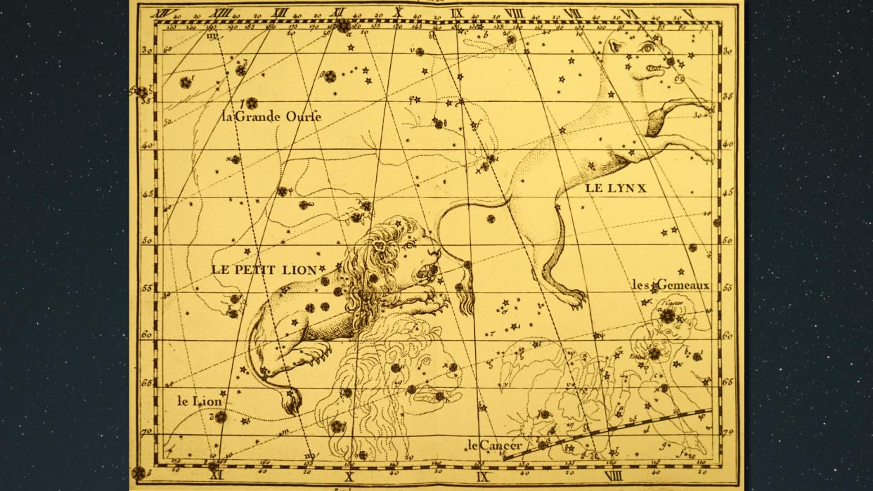  A vintage illustration of the night sky showing three cat-related constellations: leo major, leo minor, and lynx. 