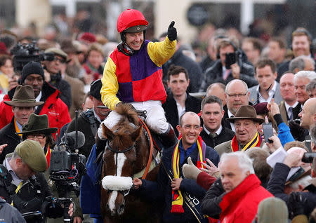 Horse Racing - Cheltenham Festival - Cheltenham Racecourse, Cheltenham, Britain - March 16, 2018 Richard Johnson on Native River celebrates winning the 15.30 Timico Cheltenham Gold Cup Chase REUTERS/Darren Staples