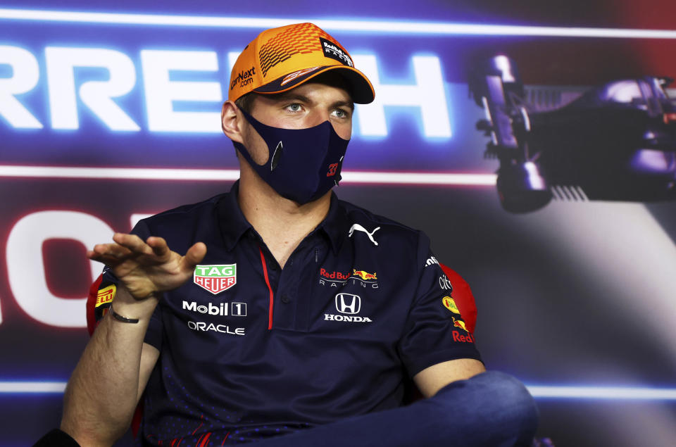 Red Bull driver Max Verstappen of the Netherlands attends a media conference ahead of the Austrian Formula One Grand Prix at the Red Bull Ring racetrack in Spielberg, Austria, Thursday, July 1, 2021. (Clive Rose/Pool Photo via AP)