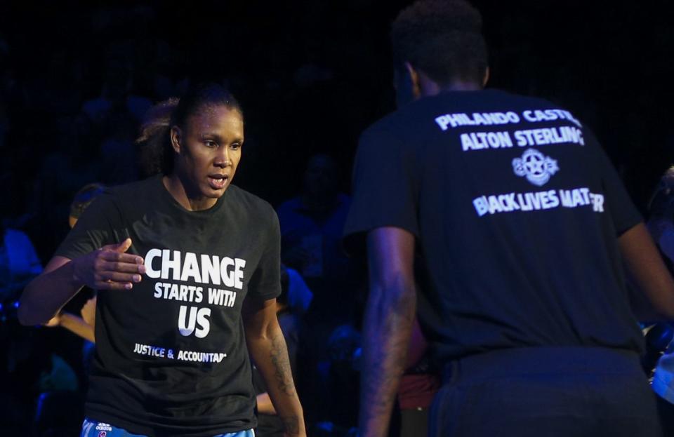 Minnesota Lynx forward Rebekkah Brunson wears a T-shirt supporting the Black Lives Matter movement. (AP)