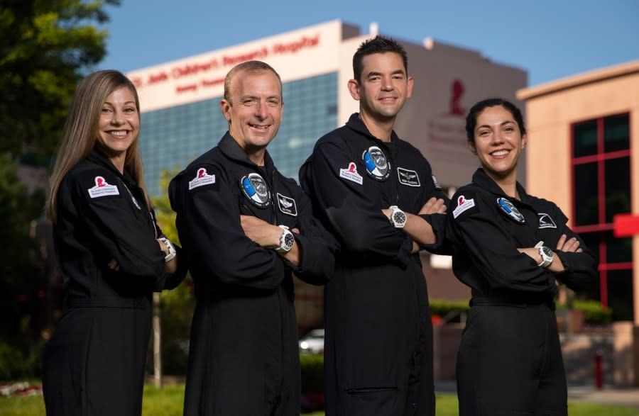 Polaris Dawn Crew Visits St. Jude Children’s Research Hospital and Inspires Patients to Reach for the Stars. From left to right – Anna Menon, Scott Poteet, Jared Isaacman, Sarah Gillis (Photo: ALSAC/St. Jude Children’s Research Hospital)
