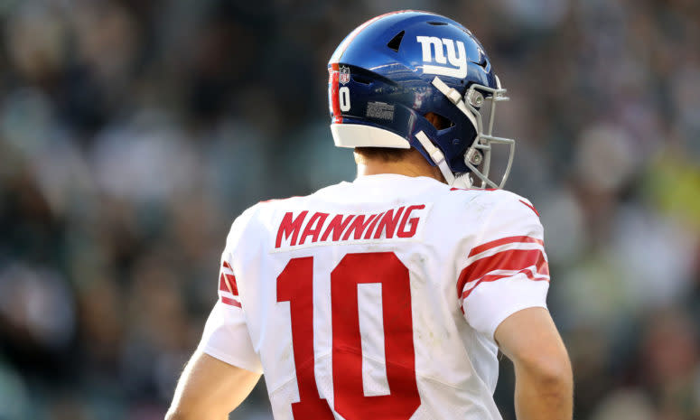 A closeup of Eli Manning during a Giants game.