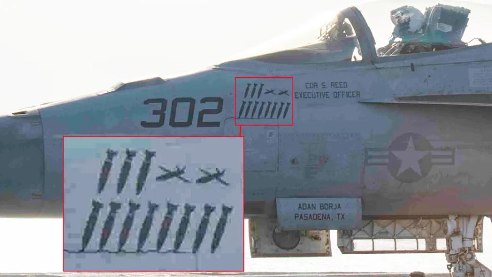 An annotated image highlighting drone and other kill markings seen on the side of an F/A-18E Super Hornet assigned to Ike’s air wing during the recently concluded deployment. <em>USN/The War Zone</em>