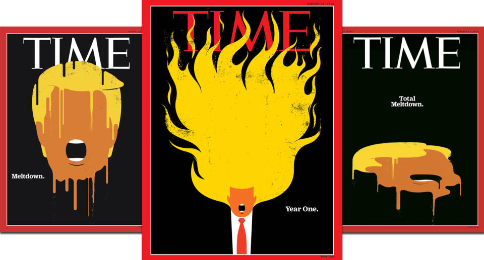 Time covers depicting Donald Trump as both candidate and president. (Courtesy of Time magazine)