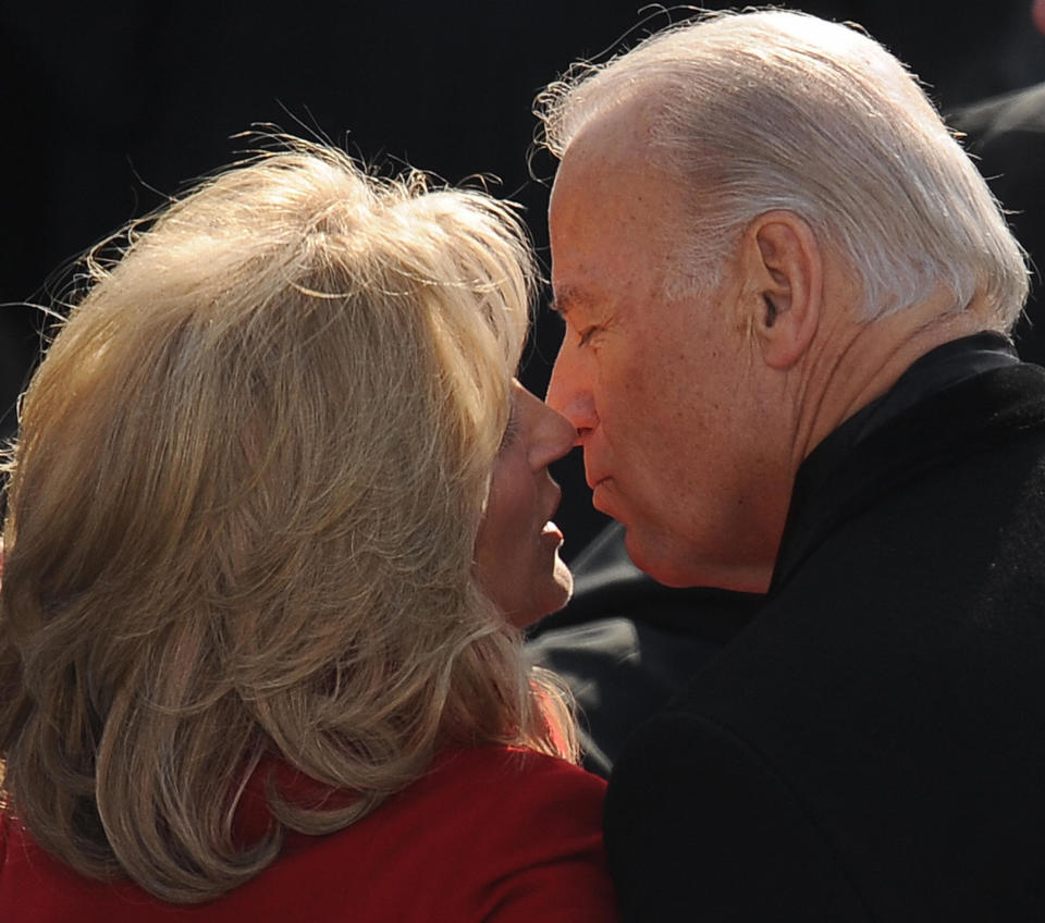Biden kisses his wife, Jill, at the U.S. Capitol after Barack Obama was sworn in as the 44th president on Jan. 20, 2009.