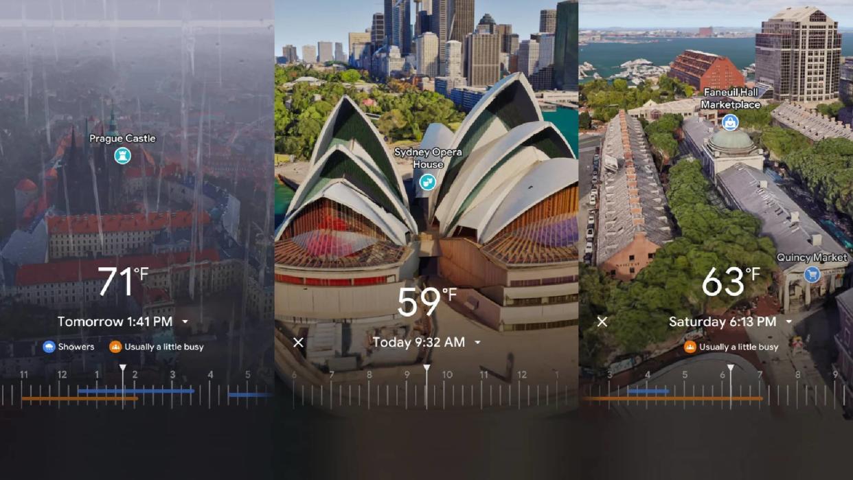  Google Maps Immersive View showing you 3D images of Sydney Opera House in the sun, and Prague Castle in the rain.  