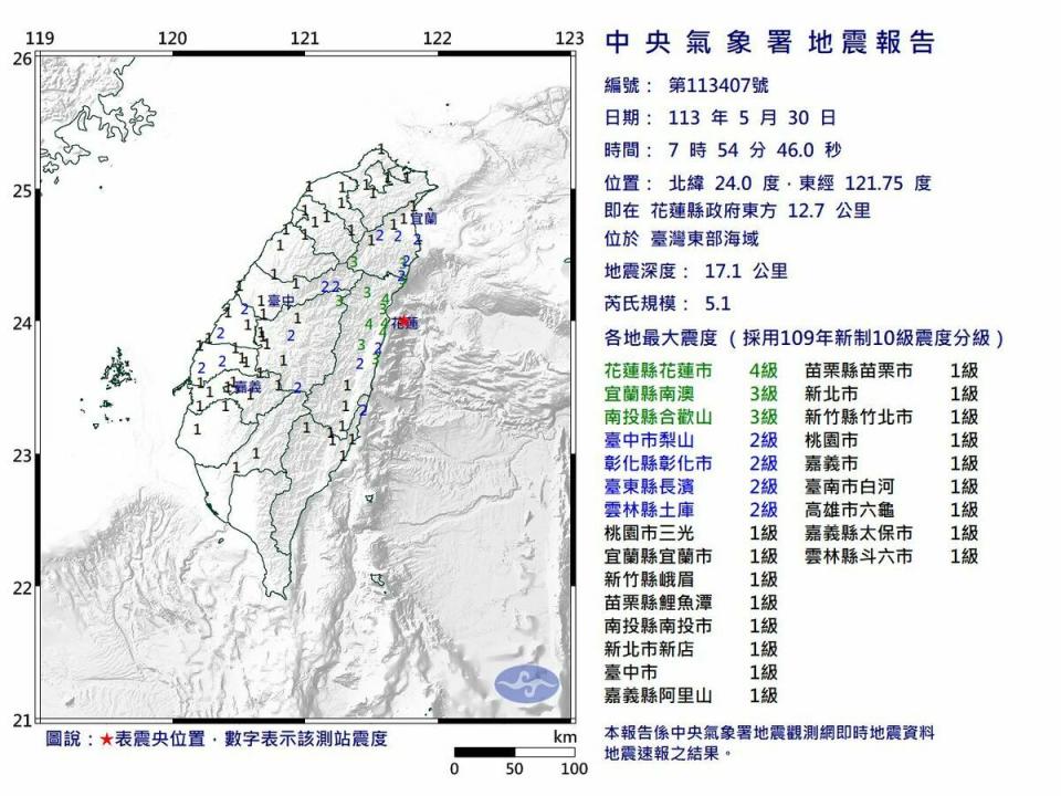 台灣東部海域今（30）天上午7點54分發生芮氏規模5.1地震。   圖：氣象署提供